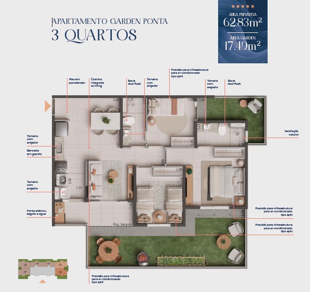 Planta 3 Quartos Garden Ponta