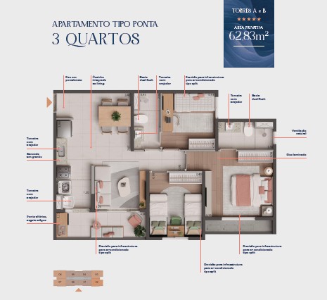 Planta 3 Quartos Tipo Ponta